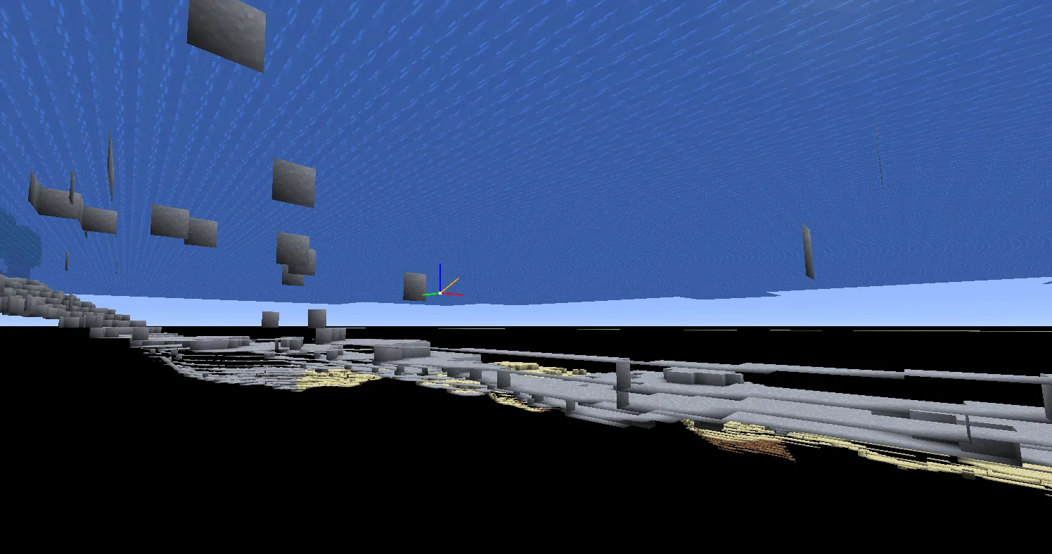 Water surface culling near shorelines, showing how ChunkMeshHelper eliminates water faces adjacent to solid blocks